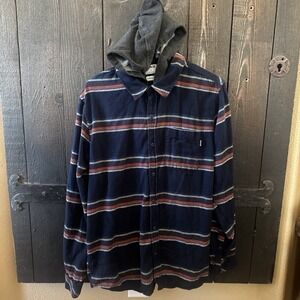 Hurley Men's Large Button Up Blue  Plaid Flannel Long Sleeve Hoodie Y2K   #04